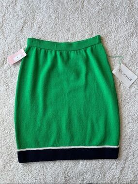 St. John Green Knit Pencil Skirt with Navy Hem